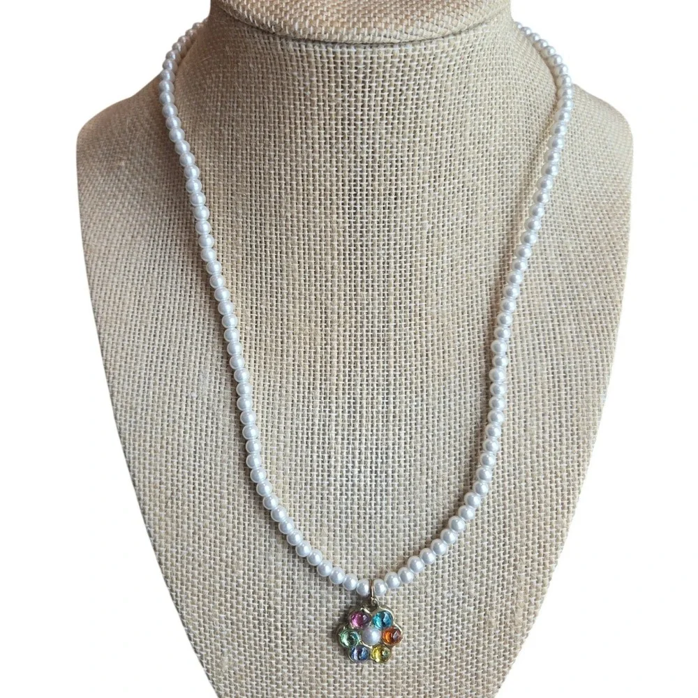 Susan Alexandra Necklace Earring Set Pearl Flower Rhinestone Colorful Whimsical